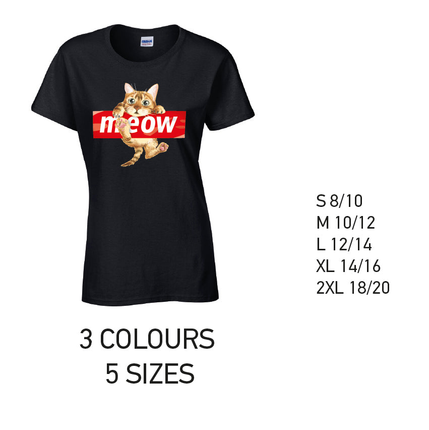 LT10 Meow Cat Ladies Cotton T-Shirt 5 sizes 3 Colours Available Latex printed