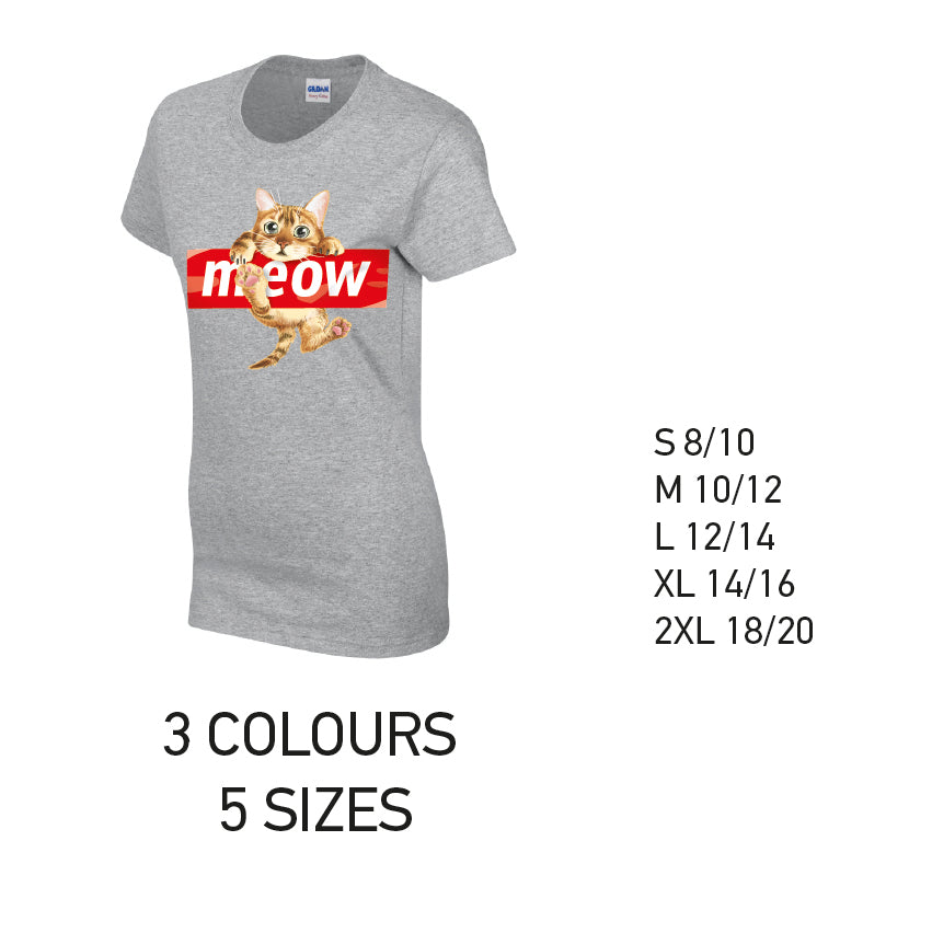 LT10 Meow Cat Ladies Cotton T-Shirt 5 sizes 3 Colours Available Latex printed