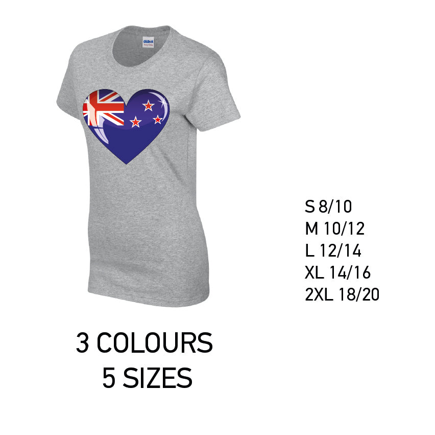 LT11 Newzeland Heart Ladies Cotton T-Shirt 5 sizes 3 Colours Available Latex printed
