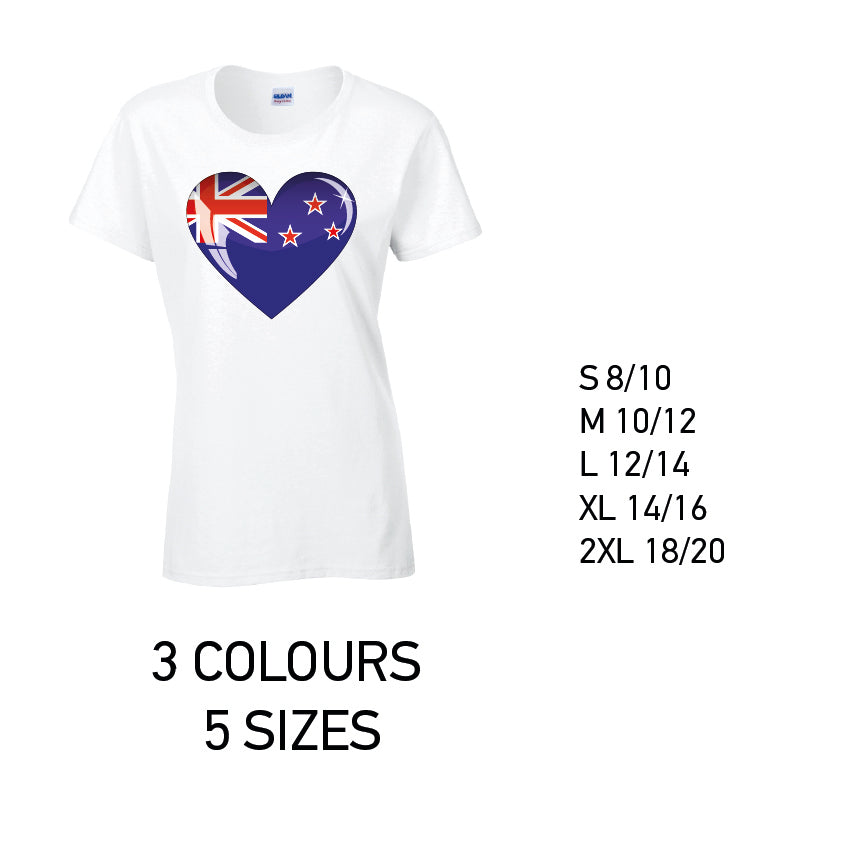 LT11 Newzeland Heart Ladies Cotton T-Shirt 5 sizes 3 Colours Available Latex printed