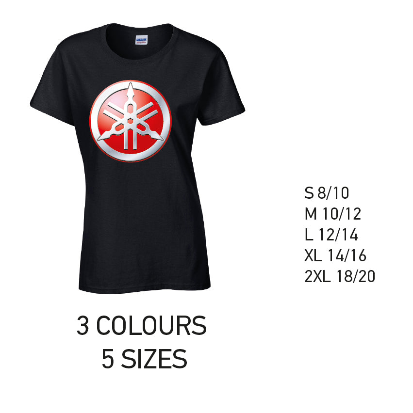 LT12 Yamaha Ladies Cotton T-Shirt 5 sizes 3 Colours Available Latex printed