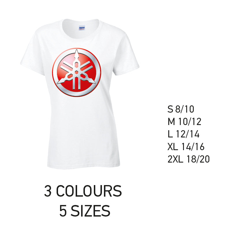 LT12 Yamaha Ladies Cotton T-Shirt 5 sizes 3 Colours Available Latex printed