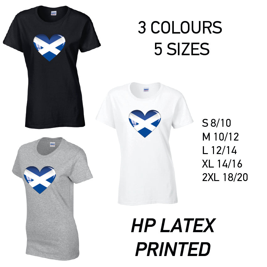 LT13 Scotland Heart Ladies Cotton T-Shirt 5 sizes 3 Colours Available Latex printed
