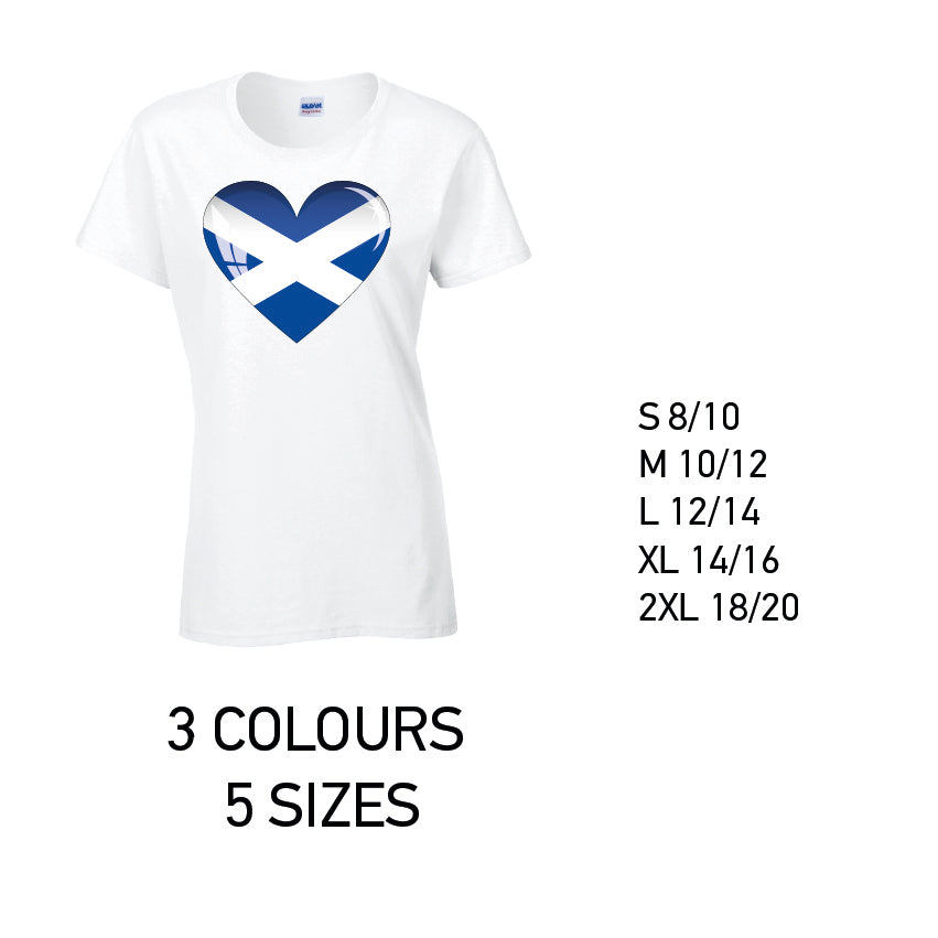 LT13 Scotland Heart Ladies Cotton T-Shirt 5 sizes 3 Colours Available Latex printed