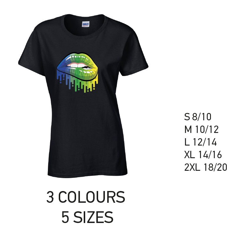 LT14 Blue and Green Lips Ladies Cotton T-Shirt 5 sizes 3 Colours Available Latex printed