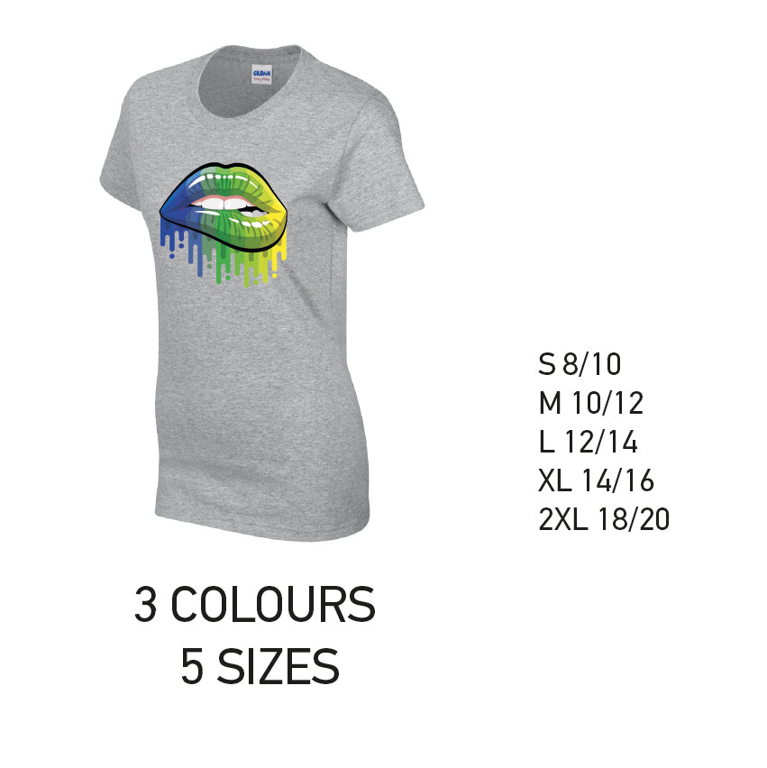LT14 Blue and Green Lips Ladies Cotton T-Shirt 5 sizes 3 Colours Available Latex printed