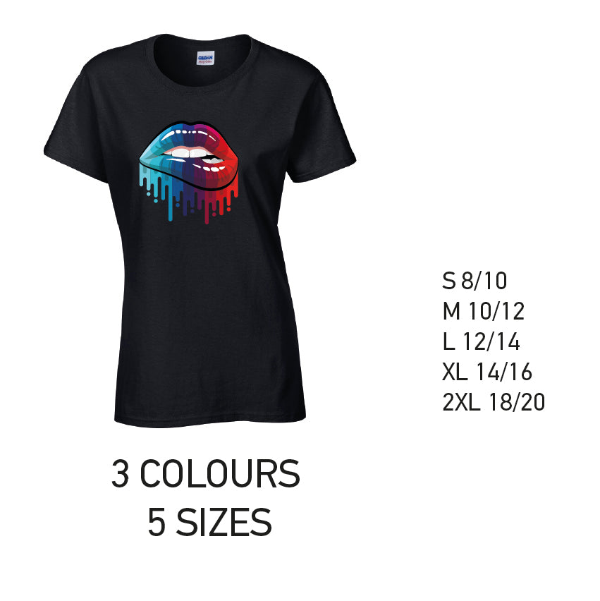 LT15 Blue and Red Lips Ladies Cotton T-Shirt 5 sizes 3 Colours Available Latex printed