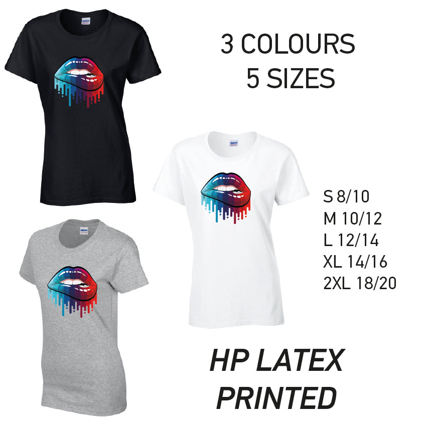 LT15 Blue and Red Lips Ladies Cotton T-Shirt 5 sizes 3 Colours Available Latex printed