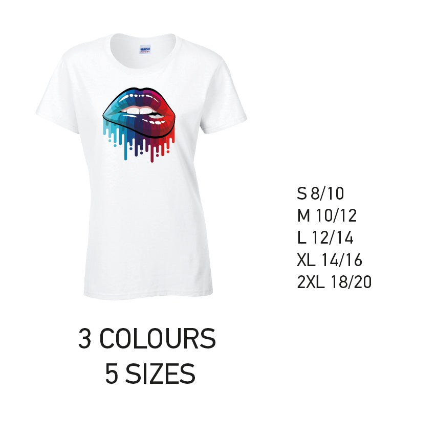 LT15 Blue and Red Lips Ladies Cotton T-Shirt 5 sizes 3 Colours Available Latex printed