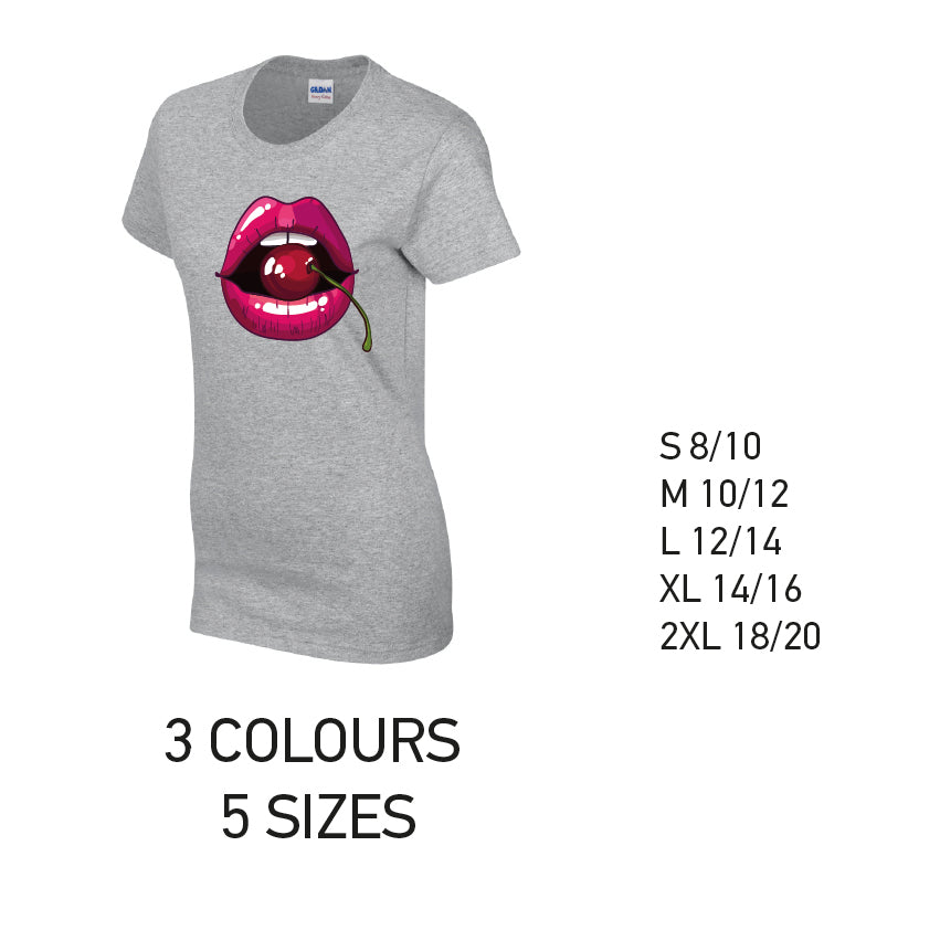 LT16 Cherry Lips Ladies Cotton T-Shirt 5 sizes 3 Colours Available Latex printed