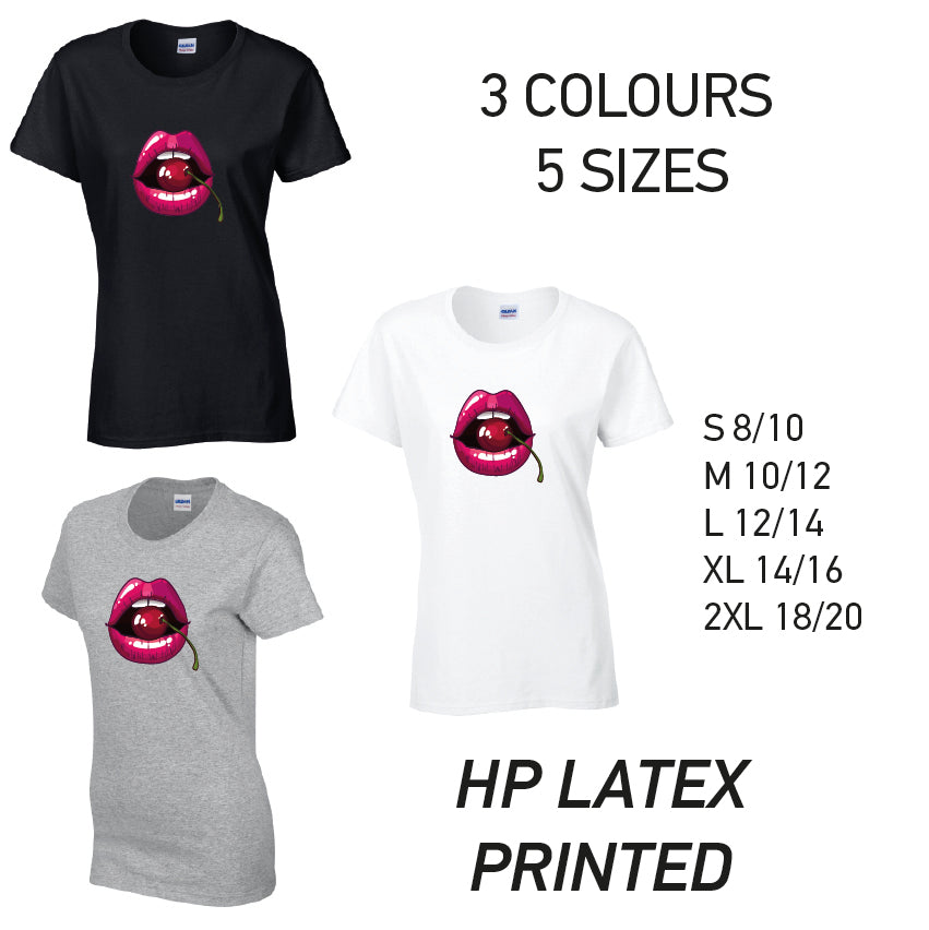 LT16 Cherry Lips Ladies Cotton T-Shirt 5 sizes 3 Colours Available Latex printed