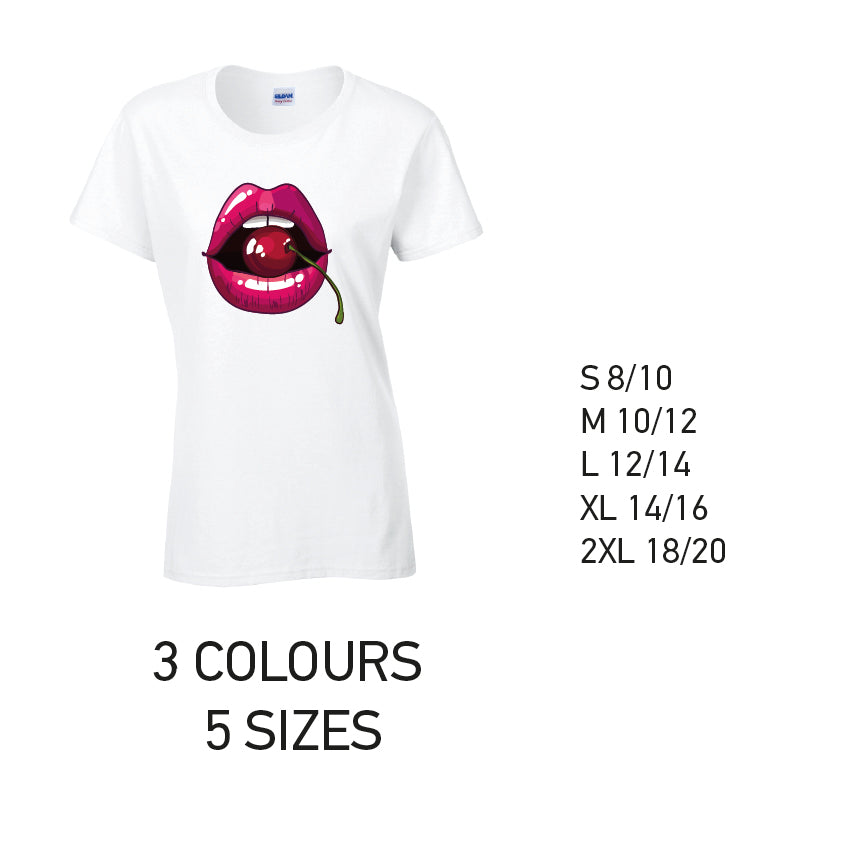LT16 Cherry Lips Ladies Cotton T-Shirt 5 sizes 3 Colours Available Latex printed