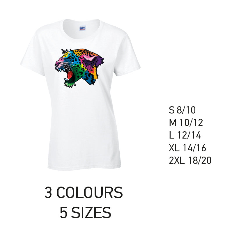 LT17 Leopard Animal Ladies Cotton T-Shirt 5 sizes 3 Colours Available Latex printed