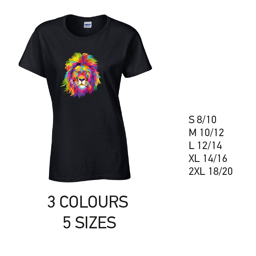 LT18 Lion Animal Ladies Cotton T-Shirt 5 sizes 3 Colours Available Latex printed