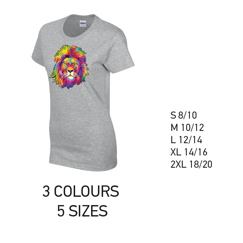 LT18 Lion Animal Ladies Cotton T-Shirt 5 sizes 3 Colours Available Latex printed