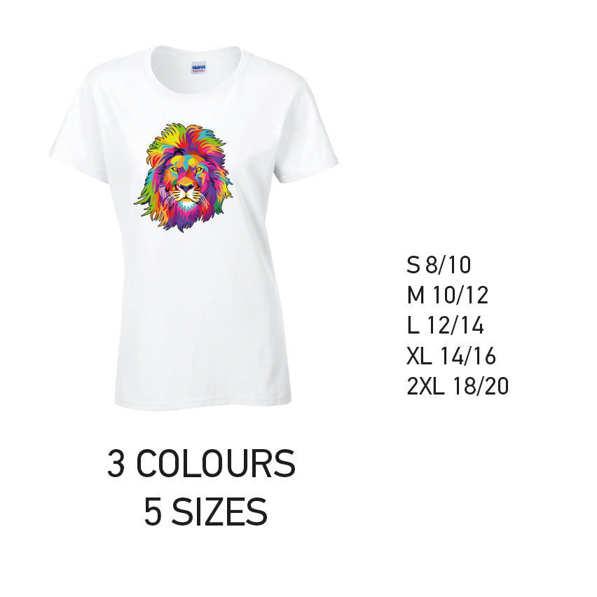 LT18 Lion Animal Ladies Cotton T-Shirt 5 sizes 3 Colours Available Latex printed