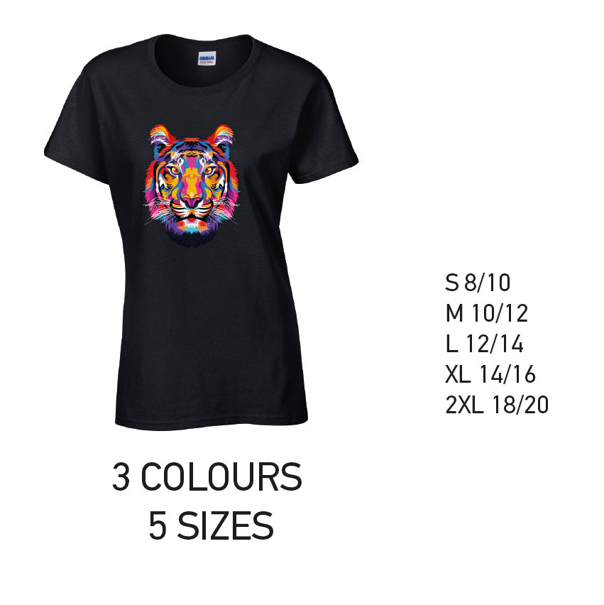 LT19 Tiger Animal Ladies Cotton T-Shirt 5 sizes 3 Colours Available Latex printed