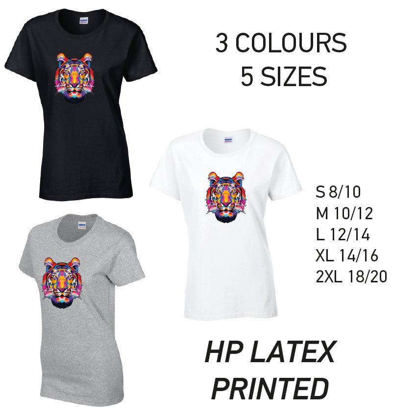 LT19 Tiger Animal Ladies Cotton T-Shirt 5 sizes 3 Colours Available Latex printed
