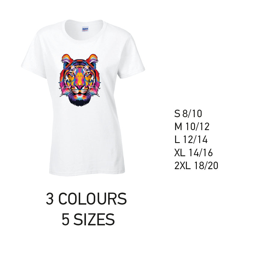 LT19 Tiger Animal Ladies Cotton T-Shirt 5 sizes 3 Colours Available Latex printed