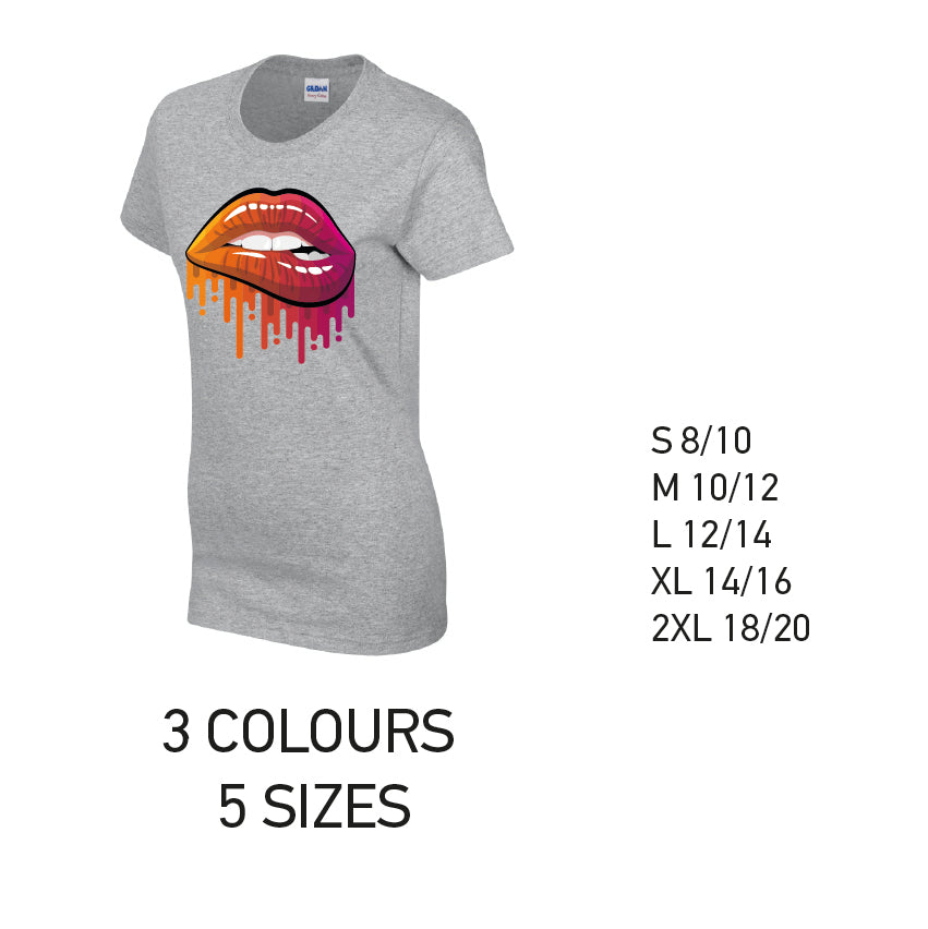 LT20 Orange and Pink Lips Ladies Cotton T-Shirt 5 sizes 3 Colours Available Latex printed