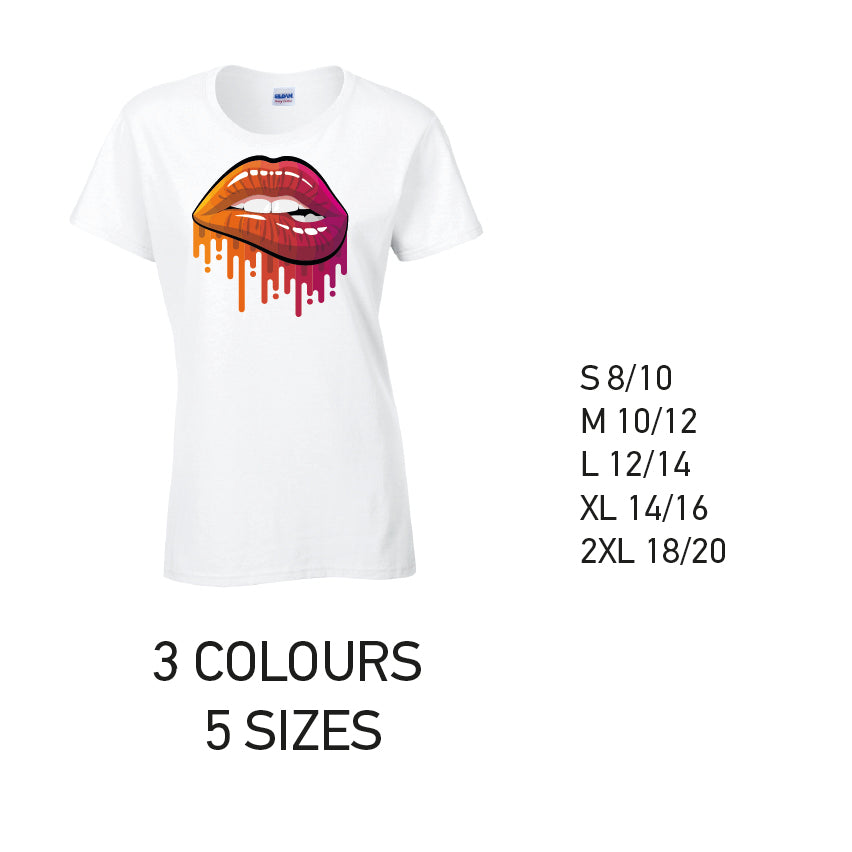 LT20 Orange and Pink Lips Ladies Cotton T-Shirt 5 sizes 3 Colours Available Latex printed