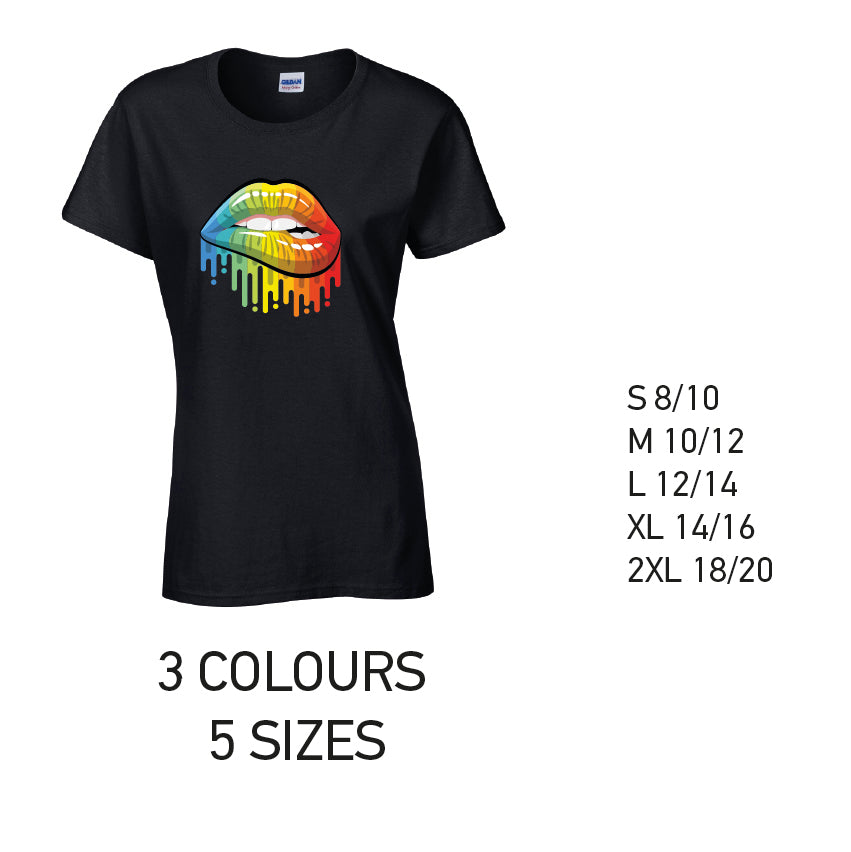 LT21 Rainbow Lips Ladies Cotton T-Shirt 5 sizes 3 Colours Available Latex printed