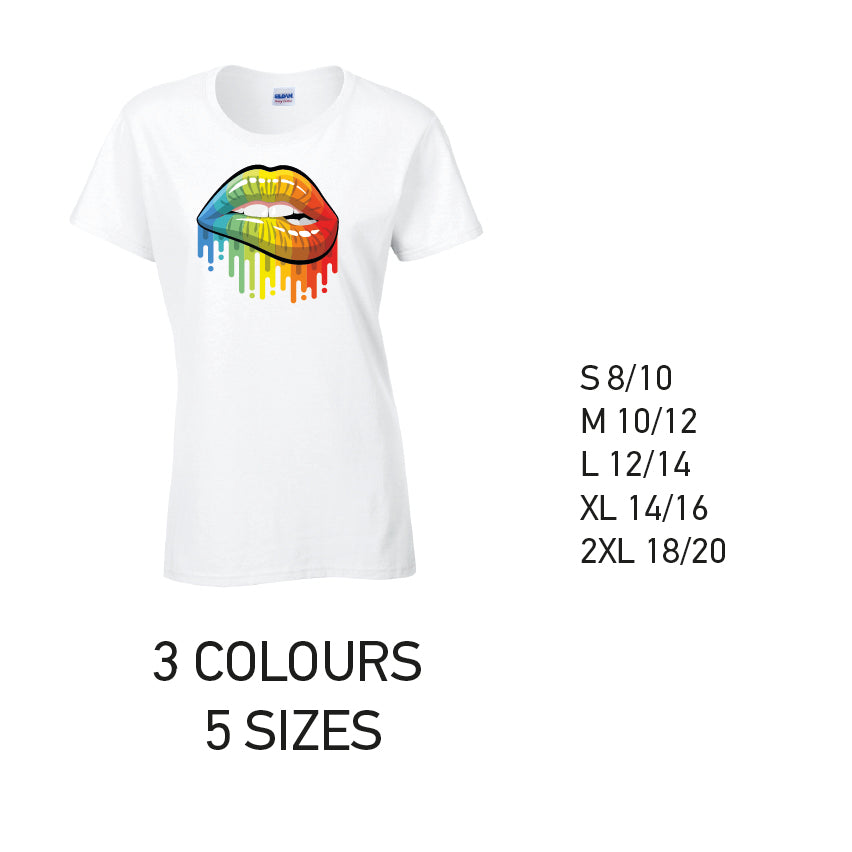LT21 Rainbow Lips Ladies Cotton T-Shirt 5 sizes 3 Colours Available Latex printed