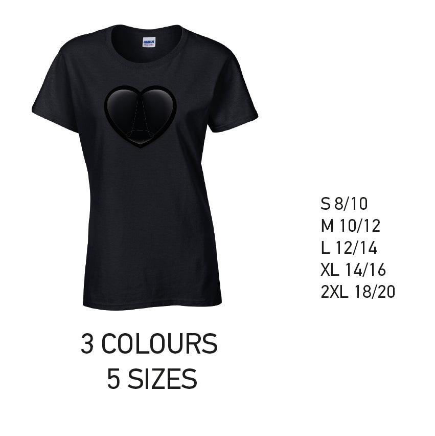 LT22 Black Heart Ladies Cotton T-Shirt 5 sizes 3 Colours Available Latex printed