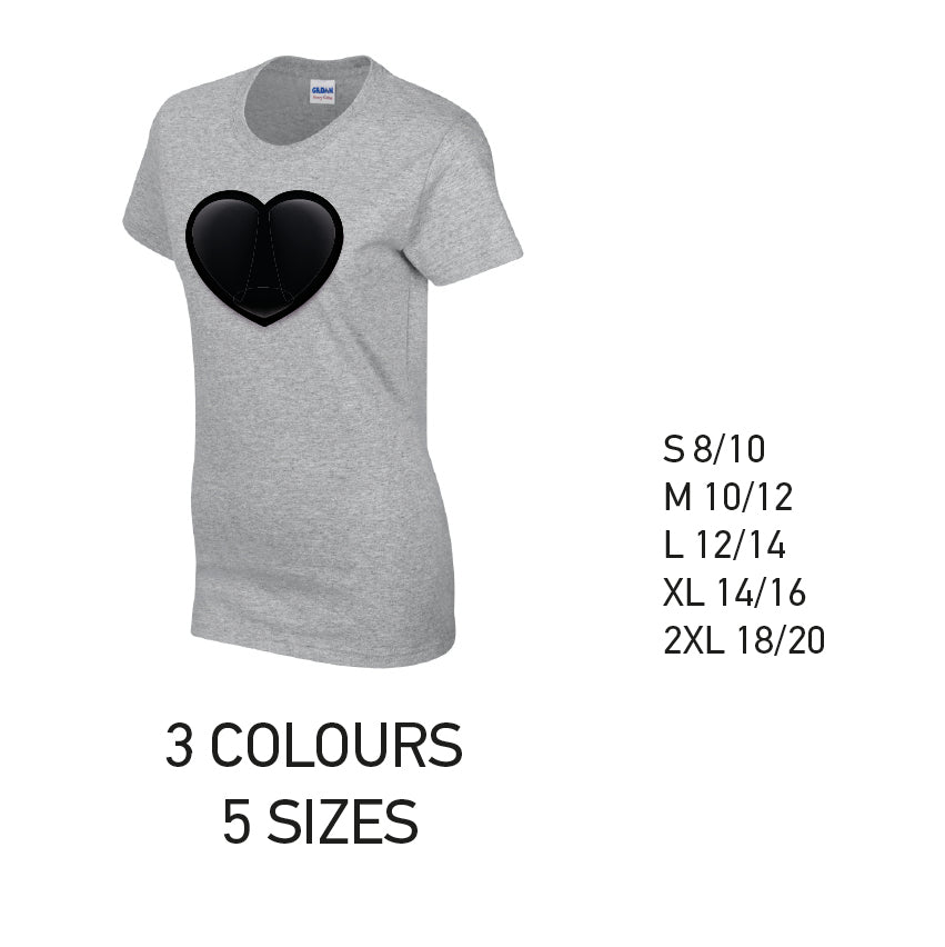 LT22 Black Heart Ladies Cotton T-Shirt 5 sizes 3 Colours Available Latex printed