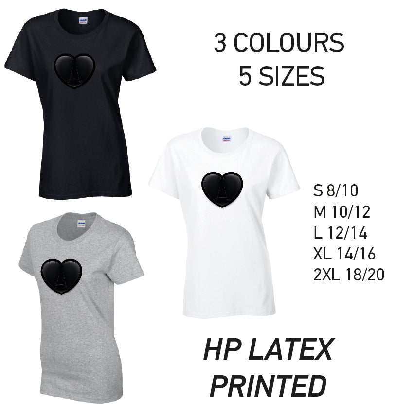 LT22 Black Heart Ladies Cotton T-Shirt 5 sizes 3 Colours Available Latex printed