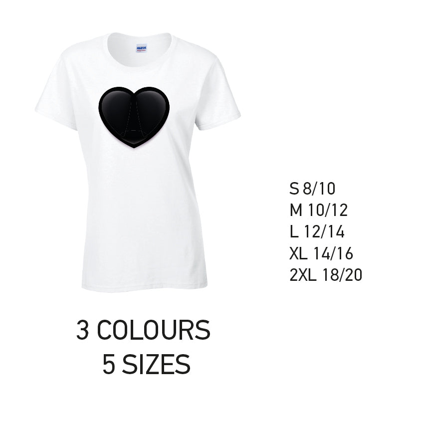 LT22 Black Heart Ladies Cotton T-Shirt 5 sizes 3 Colours Available Latex printed
