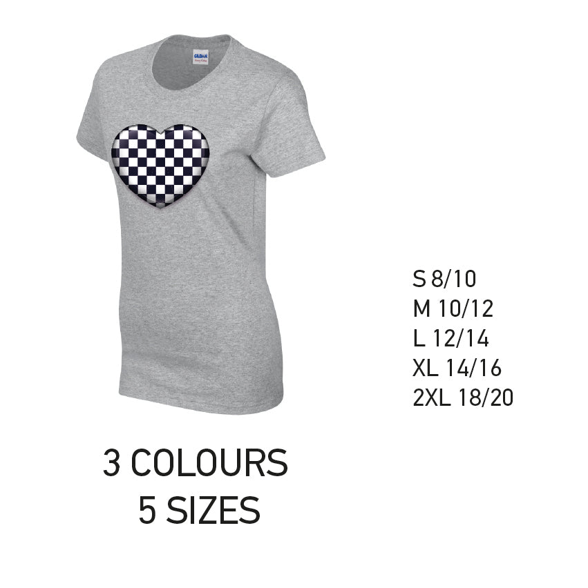 LT23 Black Chequered Heart Ladies Cotton T-Shirt 5 sizes 3 Colours Available Latex printed