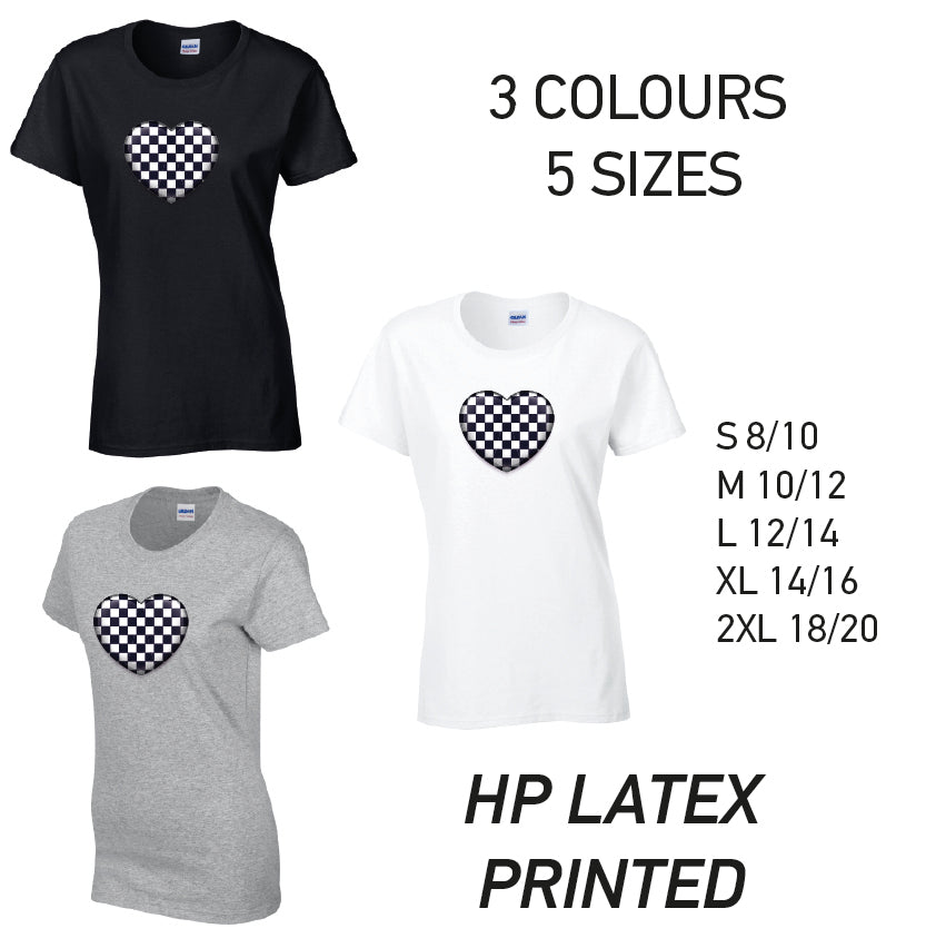 LT23 Black Chequered Heart Ladies Cotton T-Shirt 5 sizes 3 Colours Available Latex printed
