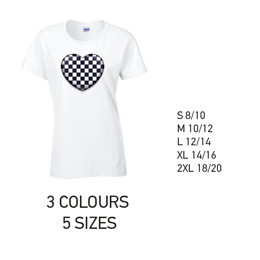 LT23 Black Chequered Heart Ladies Cotton T-Shirt 5 sizes 3 Colours Available Latex printed