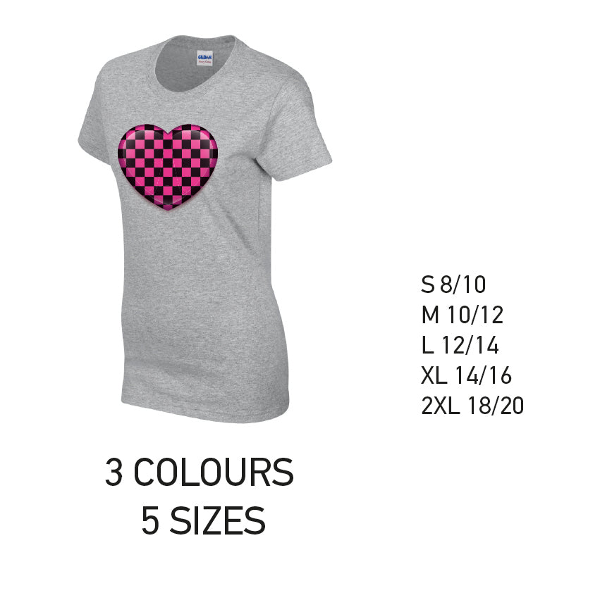 LT25 Pink Chequered Heart Ladies Cotton T-Shirt 5 sizes 3 Colours Available Latex printed