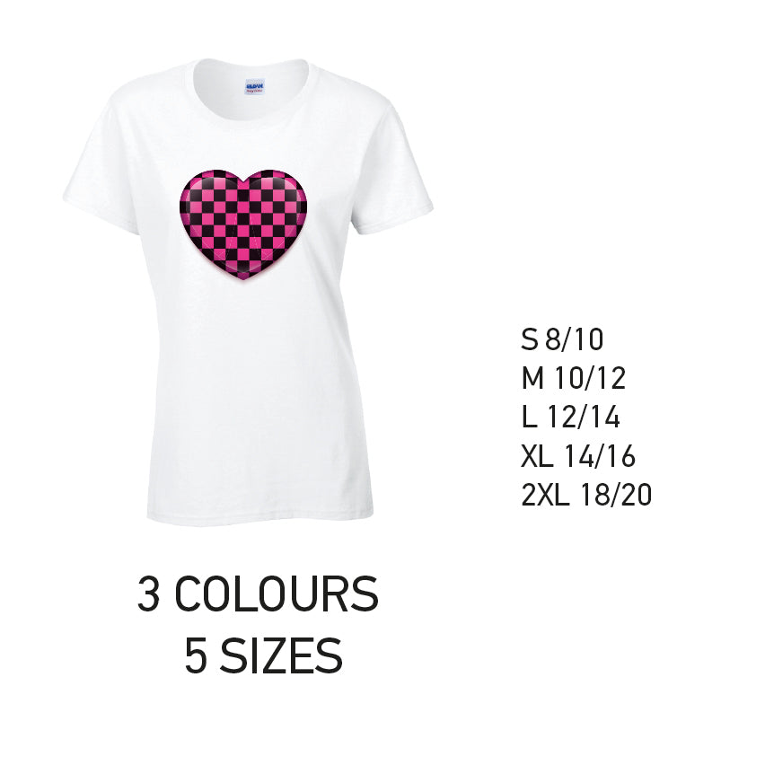LT25 Pink Chequered Heart Ladies Cotton T-Shirt 5 sizes 3 Colours Available Latex printed