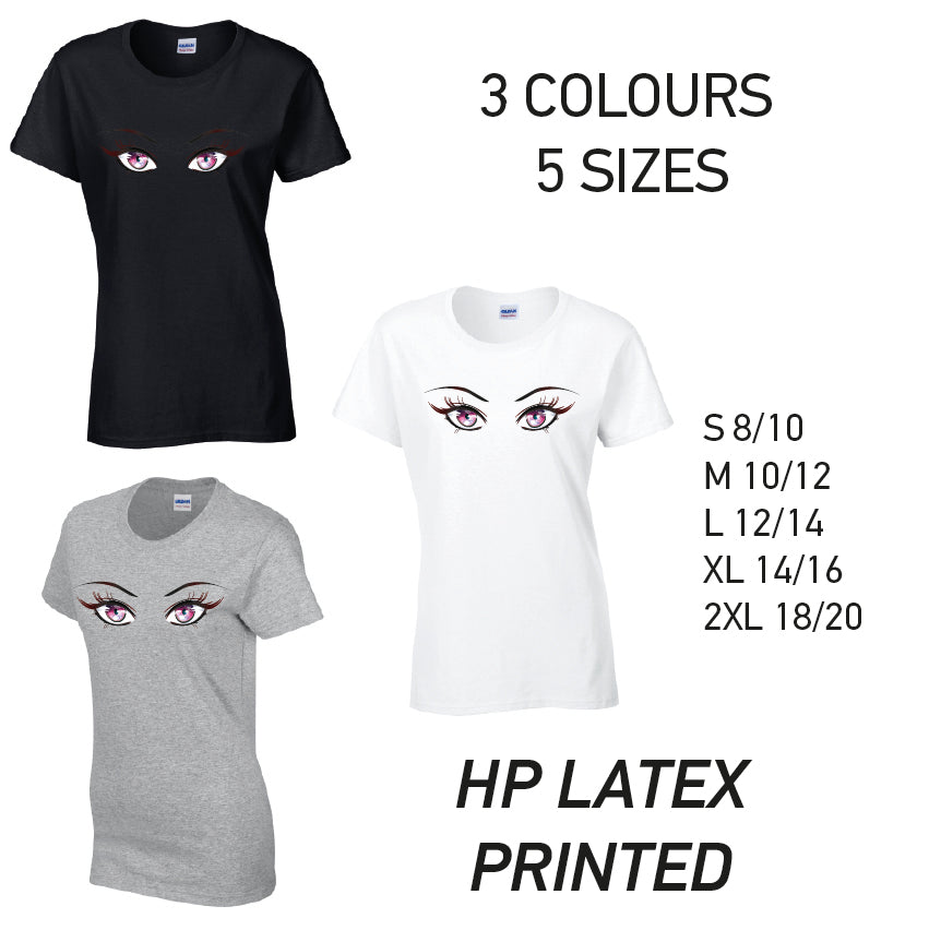 LT27 Pink Eyes Ladies Cotton T-Shirt 5 sizes 3 Colours Available Latex printed