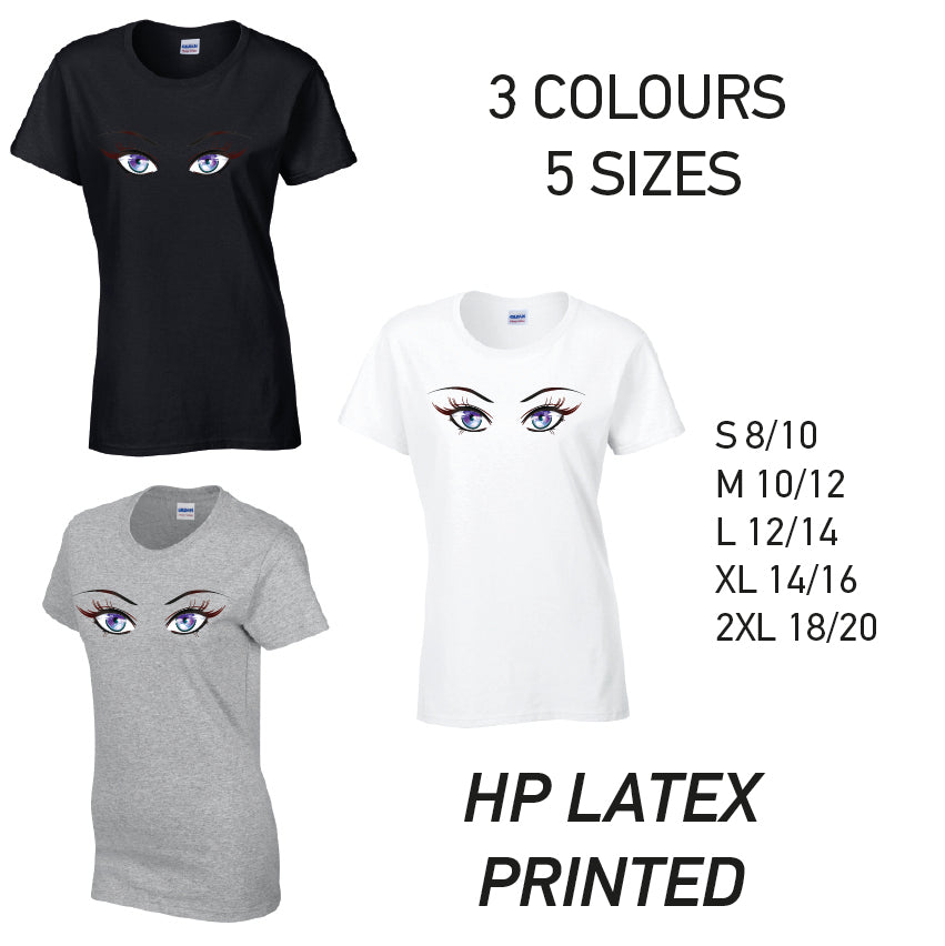 LT28 Purple Eyes Ladies Cotton T-Shirt 5 sizes 3 Colours Available Latex printed