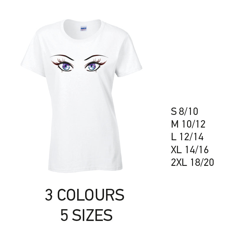 LT28 Purple Eyes Ladies Cotton T-Shirt 5 sizes 3 Colours Available Latex printed