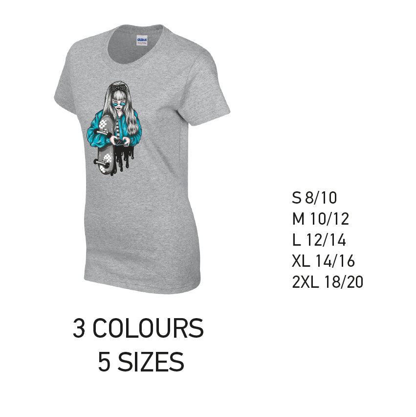 LT31 Blue Skater Girl Ladies Cotton T-Shirt 5 sizes 3 Colours Available Latex printed