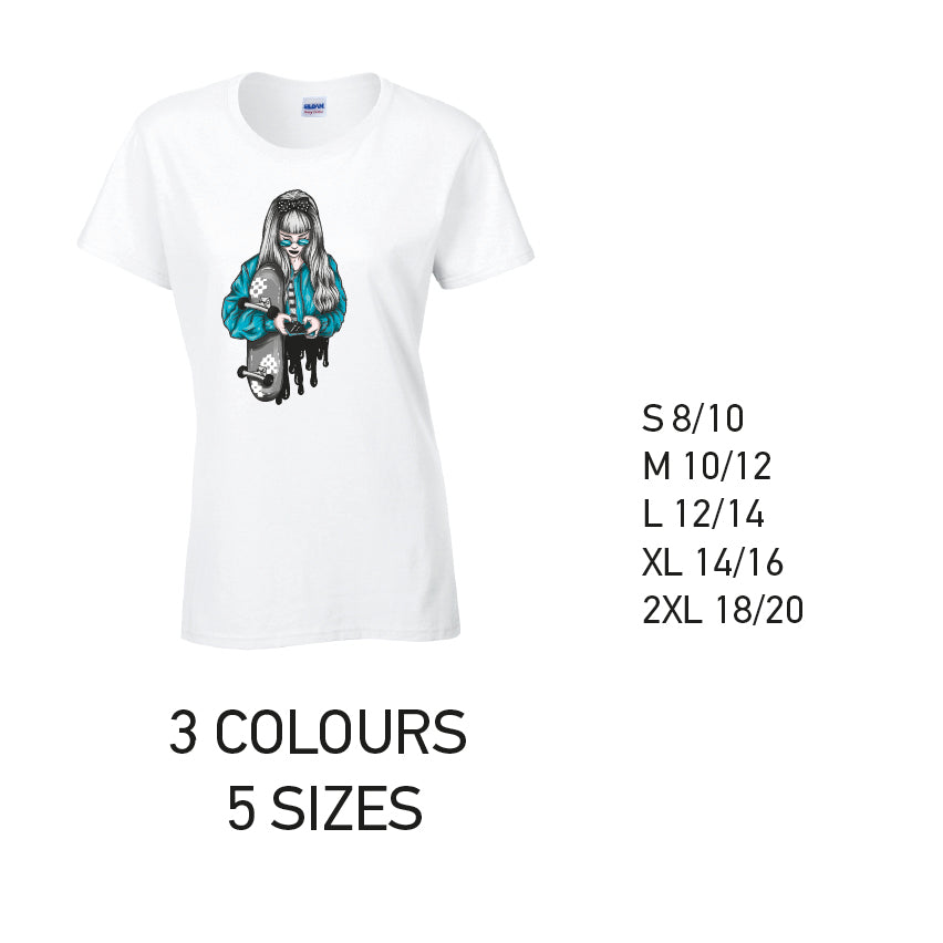 LT31 Blue Skater Girl Ladies Cotton T-Shirt 5 sizes 3 Colours Available Latex printed