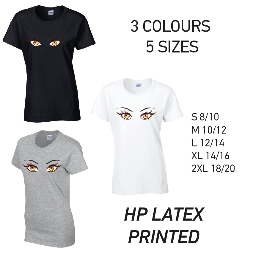 LT35 Orange Eyes Ladies Cotton T-Shirt 5 sizes 3 Colours Available Latex printed