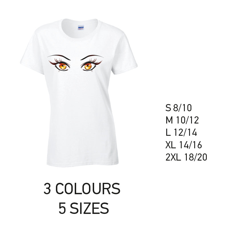 LT35 Orange Eyes Ladies Cotton T-Shirt 5 sizes 3 Colours Available Latex printed