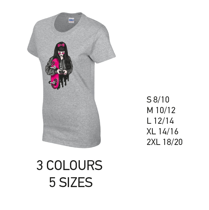 LT37 Pink Skater Girl Ladies Cotton T-Shirt 5 sizes 3 Colours Available Latex printed