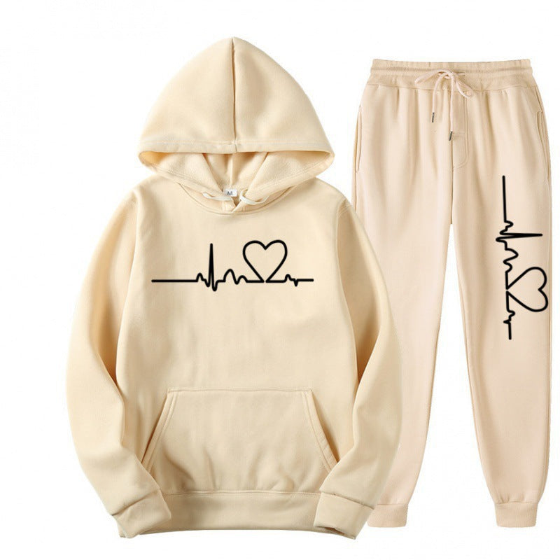 Heart Print Long Sleeve Pullover Hoodie Sweatshirt and Pants Two-Piece Set