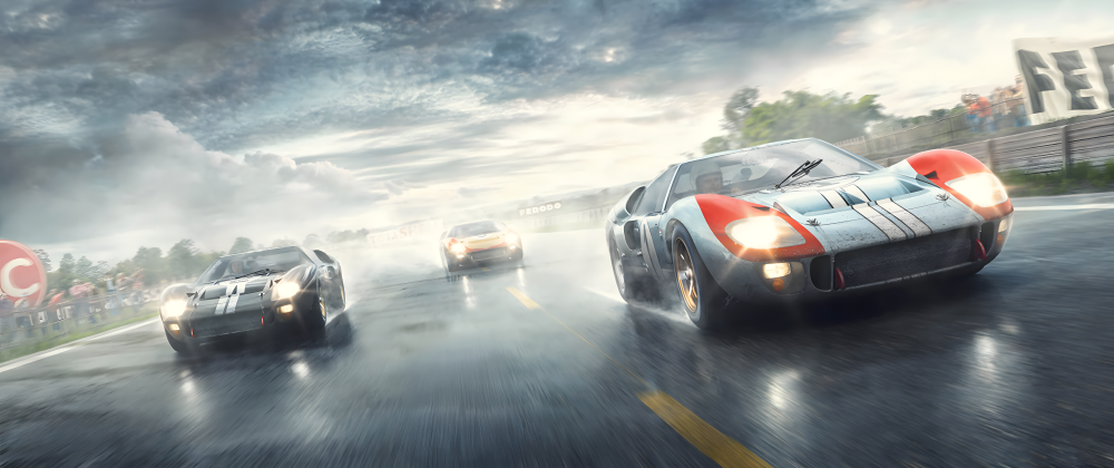 PC21 Ford GT40 on wet race track (1966) Panoramic Premium Waterproof & Tear Resistant Poster