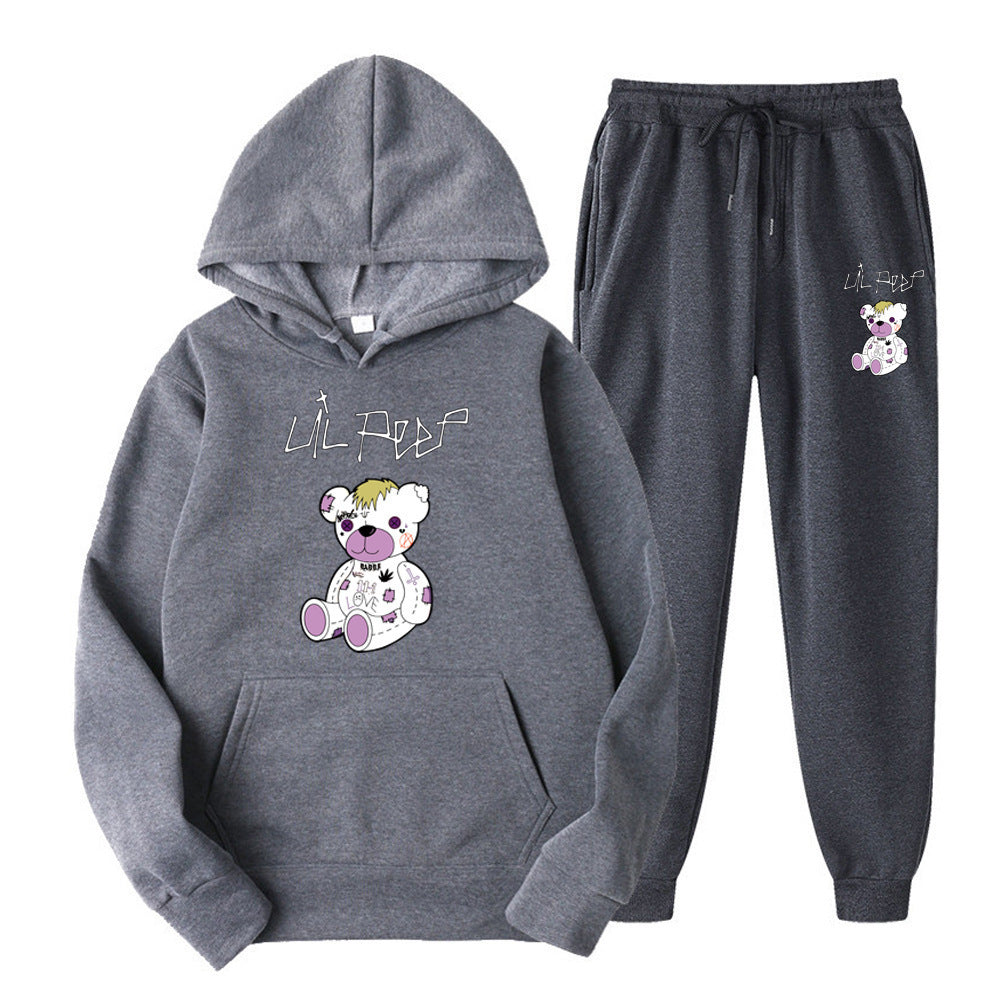 Men's Bear Print Fleece Hooded Sweatshirt Set