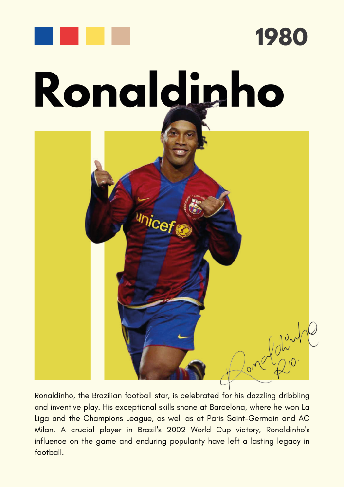 FOOT29 Ronaldinho (1980) Printed | Premium Waterproof & Tear Resistant Full Colour Posters