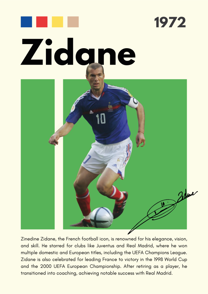 FOOT30 Zinedine Zidane (1972) Printed | Premium Waterproof & Tear Resistant Full Colour Posters