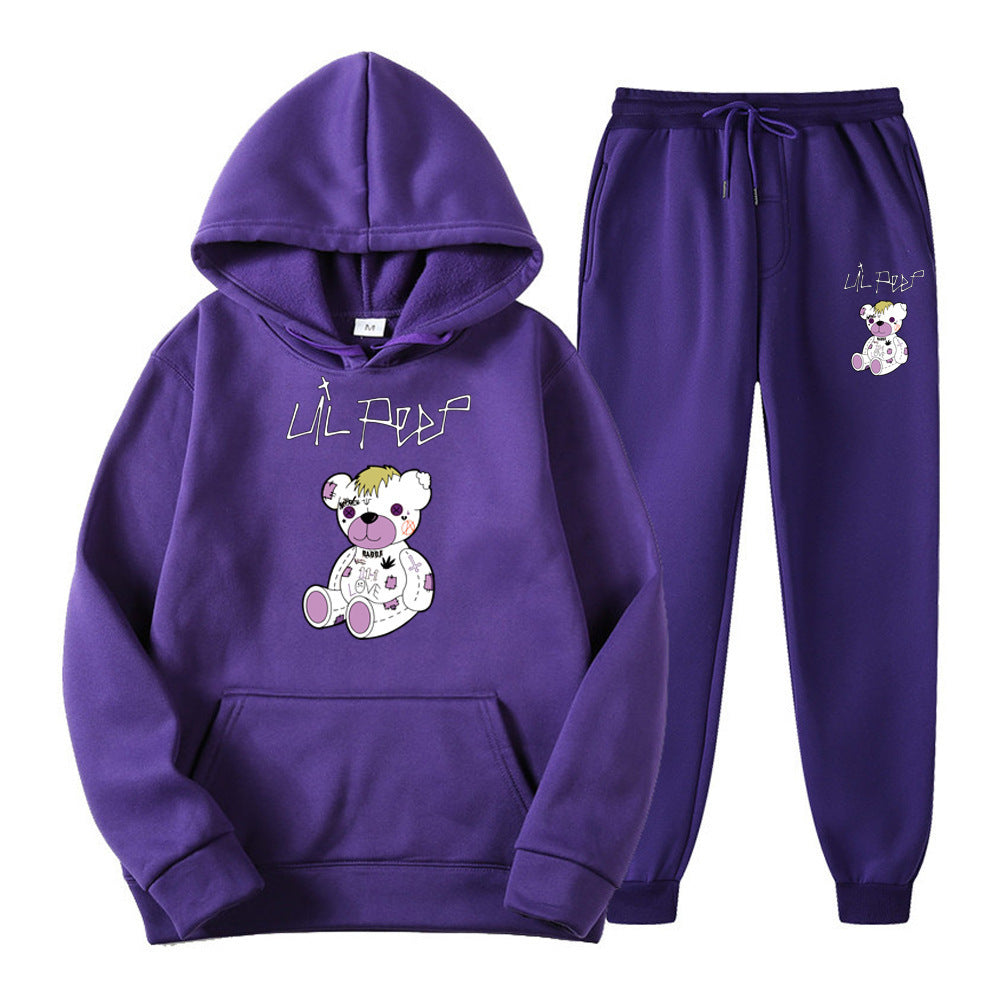 Men's Bear Print Fleece Hooded Sweatshirt Set